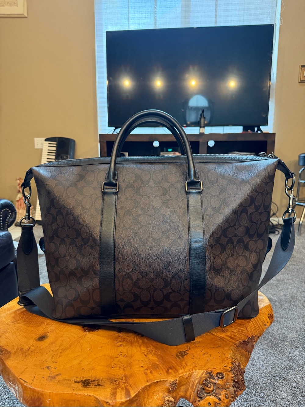 Coach Voyager 52 Duffle Bag Mahogany Brown Signature Canvas Black Leather F54776